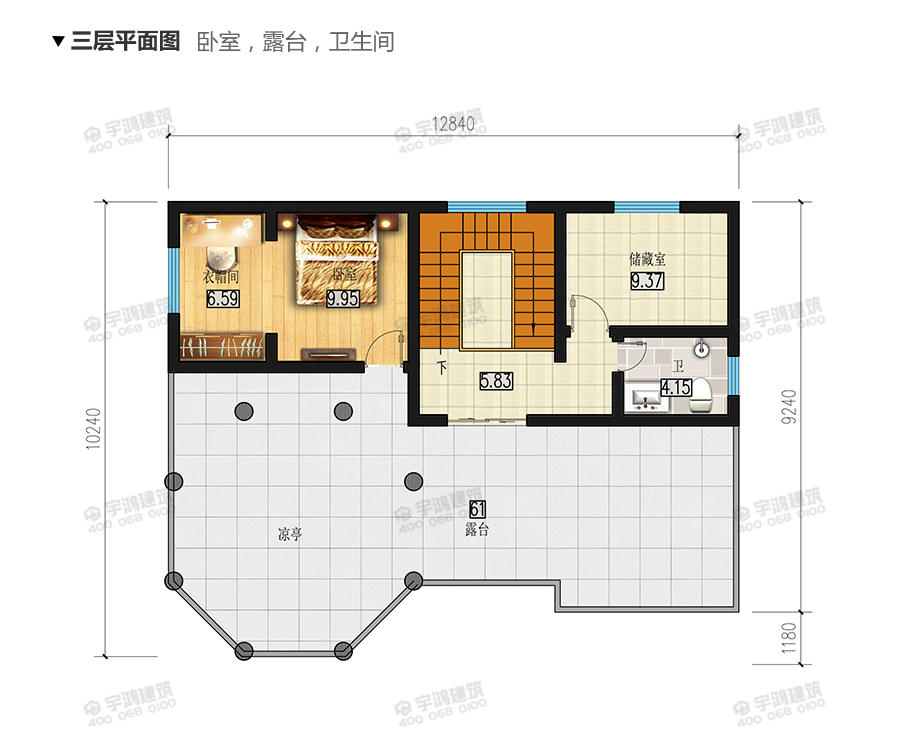 130平帶涼亭農(nóng)村三層別墅設(shè)計(jì)圖紙及效果圖